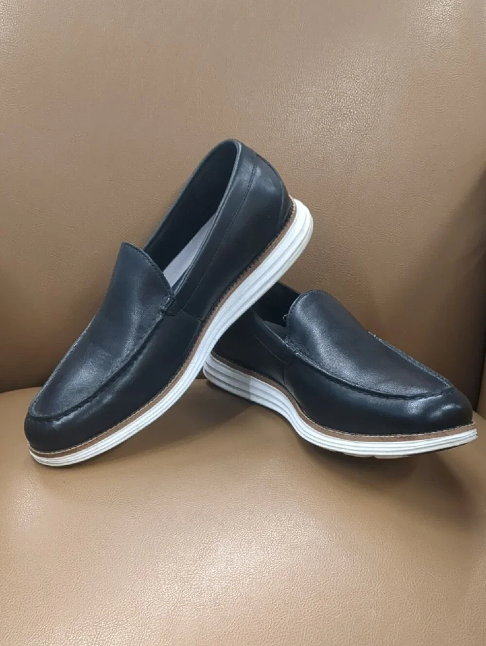 Cole Haan Black Slip-On Leather Loafers with White Sole